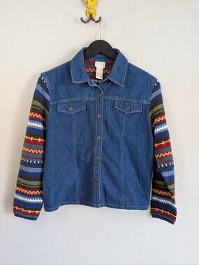 Vintage Koret Petites Striped Knit & Denim Cropped Jacket Shirt, Size M